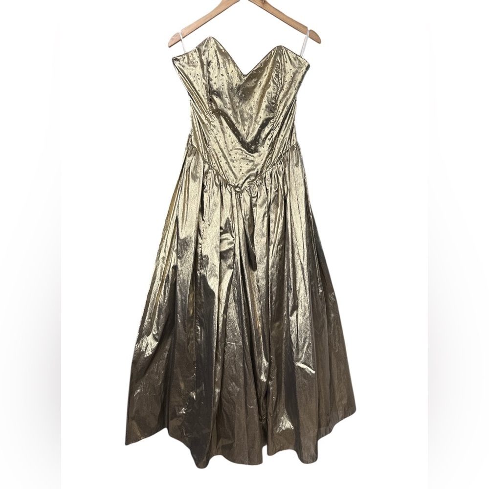 Gunne Sax Jessica McClintock Liquid Gold Metallic Strapless Basque Prom Dress 5